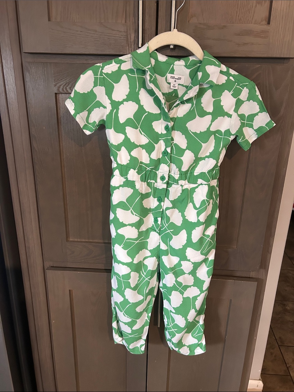 Diane Von Furstenberg Green and White Floral Button Jumpsuit